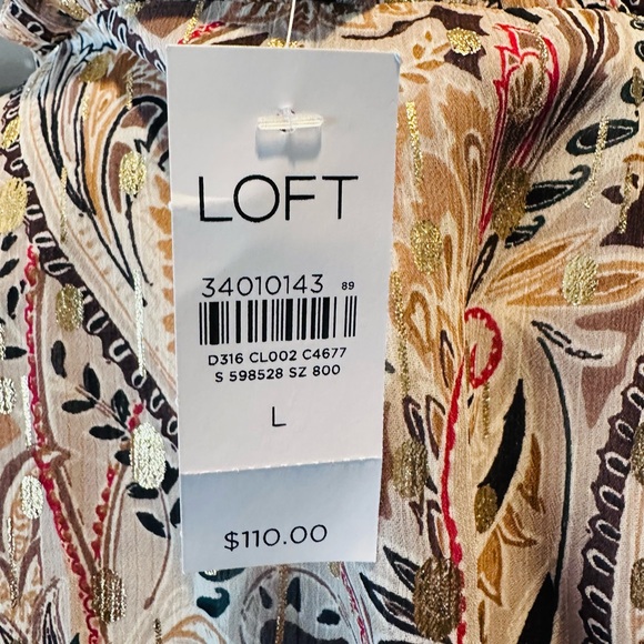 LOFT Paisley Long Sleeve Dress - Cream and Brown - Picture 2 of 2